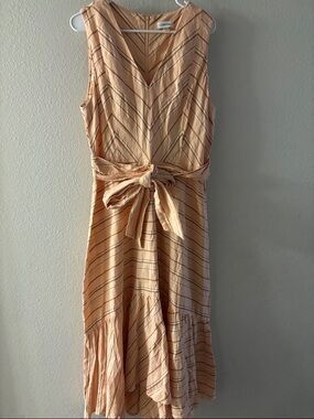 Calvin Klein Peach Striped V-Neck Tie-Waist Midi Dress